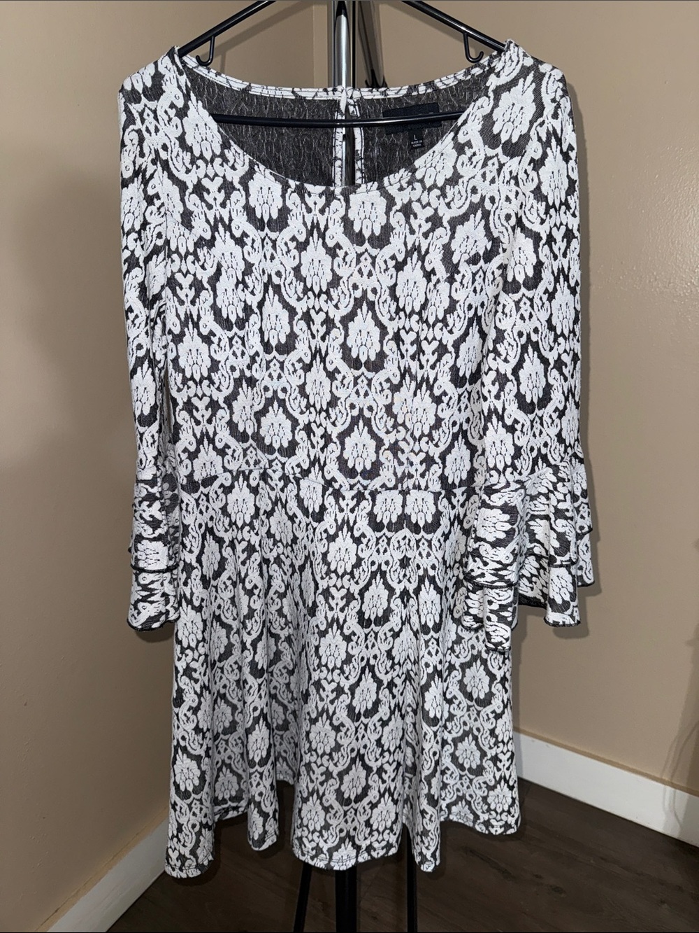 My Michelle Black and White Lace-Print Fit & Flare Dress